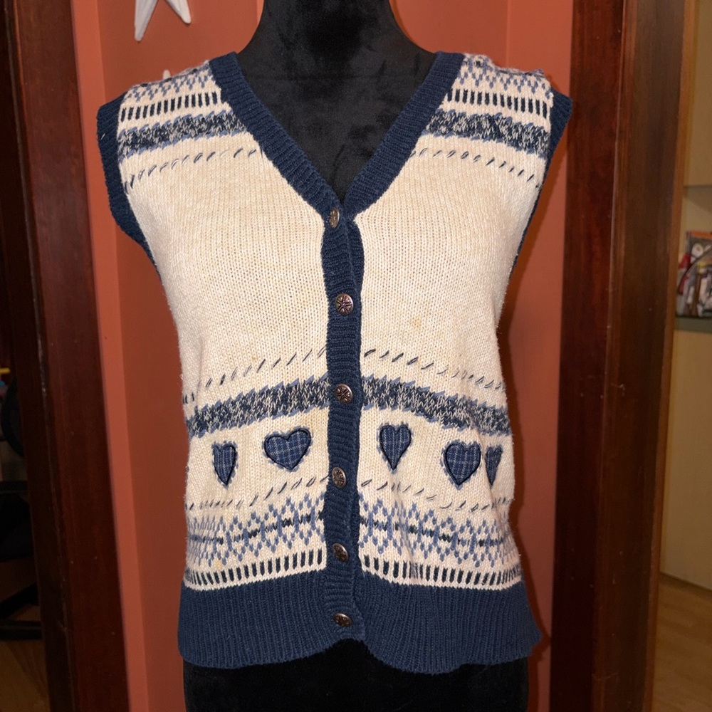 Christopher & Banks Navy and Cream Heart Pattern Cardigan